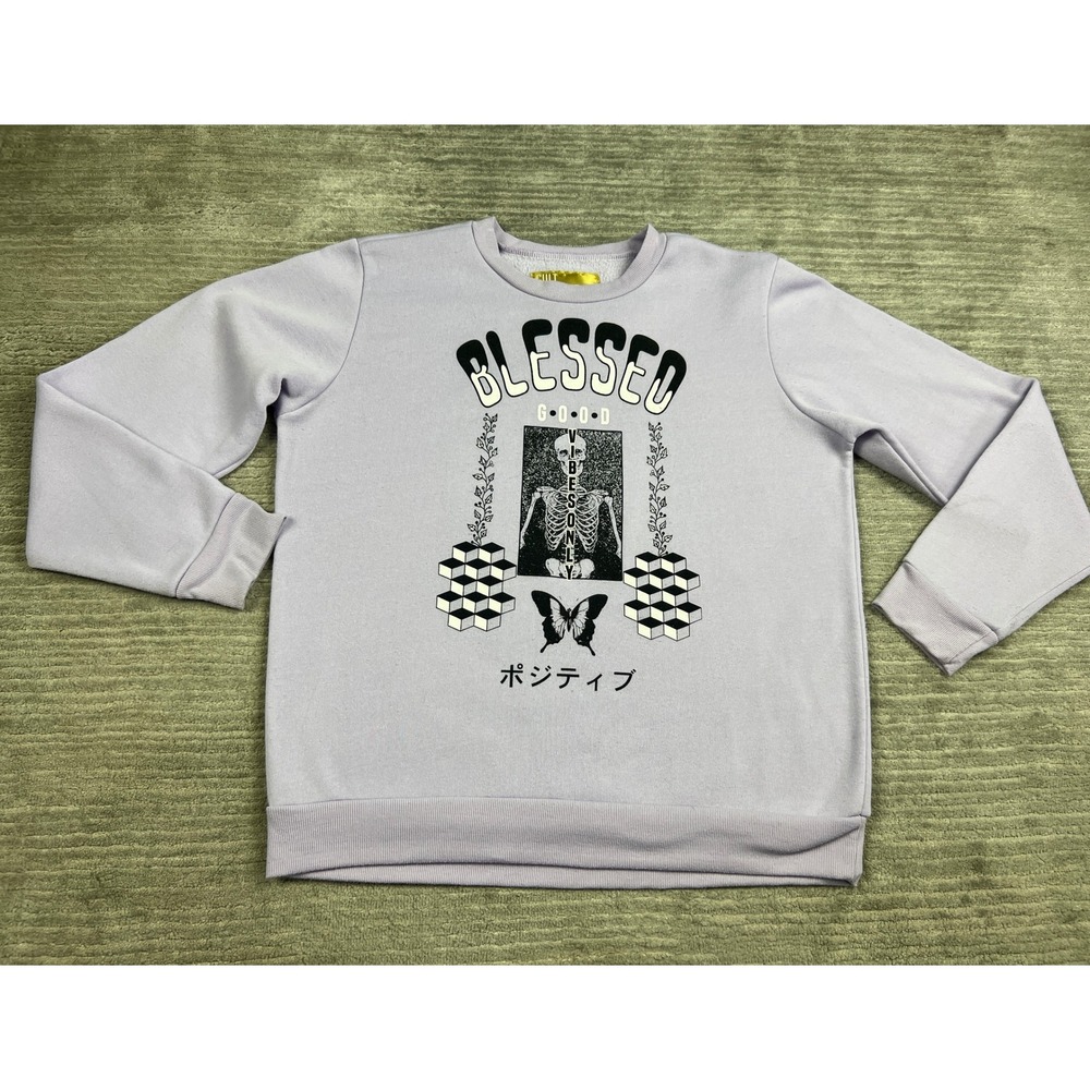 Cult Favorite Sweatshirt Men L Purple Blessed Skeleton Butterfly Streetwear Goth